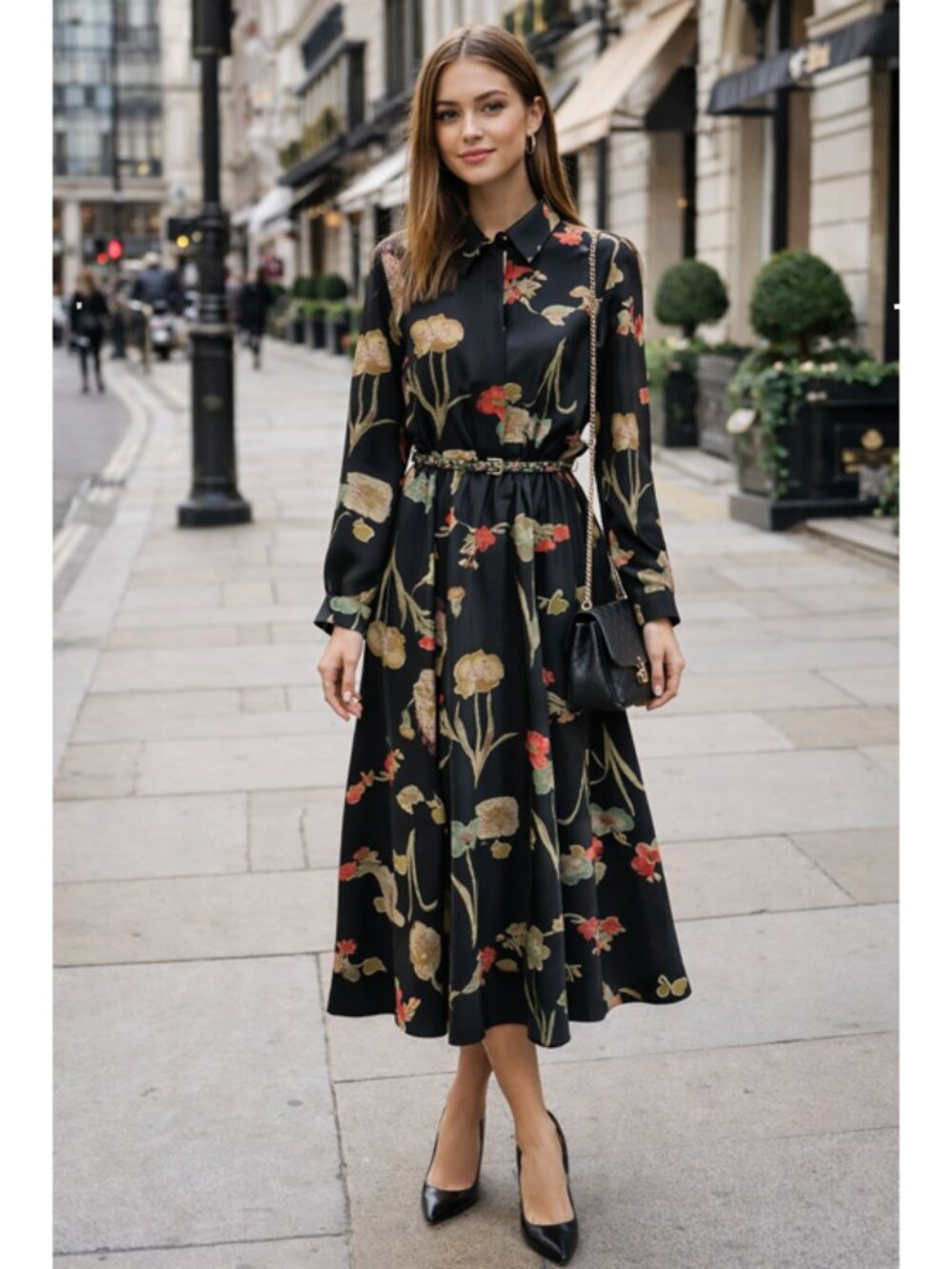 Beautiful vintage black and floral midi shirt dress by Randy Pantel - Picture 2 of 14